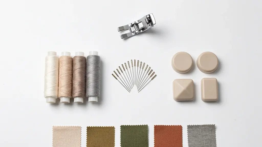 Outils de couture spécialisés pour tissus Tencel disposés harmonieusement